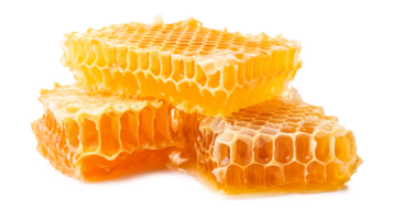Three pieces of honeycomb are stacked on top of each other. The honeycomb is golden in color and has a honey-like texture. Concept of warmth and sweetness, as honey is often associated with comfort png