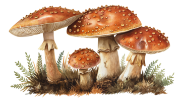 A group of mushrooms with a brown cap and white stem. The mushrooms are arranged in a row and are surrounded by grass png