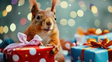 squirrel among gifts on a festive background photo