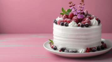 cake on a plate with white cream with frosted berries on a pink background with copy space photo
