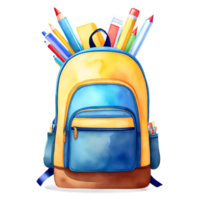 watercolor illustration, banner template mock up depicting back to school concept with backpack, stationary, books and school items. Copy space for custom text png