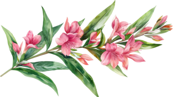 A watercolor painting of three pink flowers on a branch. The flowers are arranged in a way that creates a sense of movement and flow. The painting has a serene and calming mood png