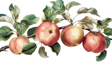 A close up of four apples hanging from a tree branch. The apples are red and green in color png