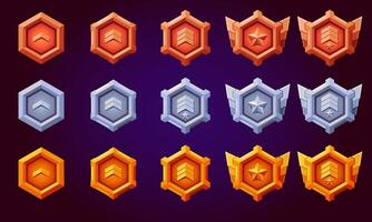 Insignia rank badges. Realistic of silver, bronze, gold hexagon with wings, spikes, stars, level progress symbol. Flat design. Metallic style. vector