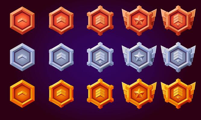Insignia rank badges. Realistic of silver, bronze, gold hexagon with wings, spikes, stars, level progress symbol. Flat design. Metallic style.