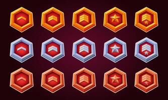 Game level up reward badges set.Rank reward, victory, success achievement award trophy. flat golden symbol for progress and evolution. Red color. vector
