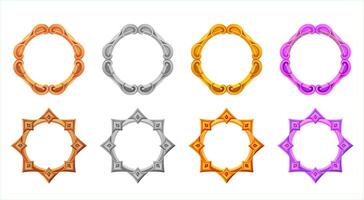 Metallic frame avatar set. Gold, silver, bronze, purple style for fantasy ui. Rounded circle ring classic style. Frame for rpg and fantasy games. vector