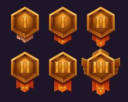 Realistic metallic gold level badge. Game rank emblem with ribbon set. High quality , light and shadows. Hexagon interface asset for avatar. Numbers and stars. vector