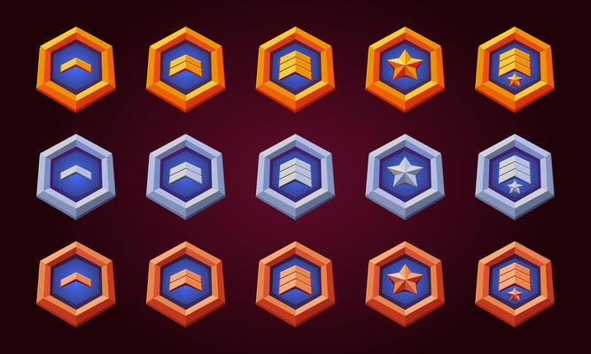 Game level up reward badges set. flat golden symbol for progress and evolution. Rank reward, victory, success achievement award trophy. High quality gold, silver and bronze. Blue color.