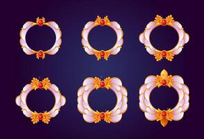 Metallic gold frame and gemstones set. White border badge. Avatar frame rank level ring frame. White interface asset for avatar. Empty frame for profile. vector