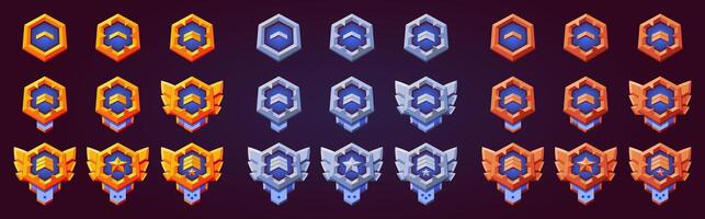 Game level up achievement rank collection. flat metallic gold, silver, bronze emblem for progress and award. Progress insignia, victory, award, conquest. Fantasy, rpg game. vector
