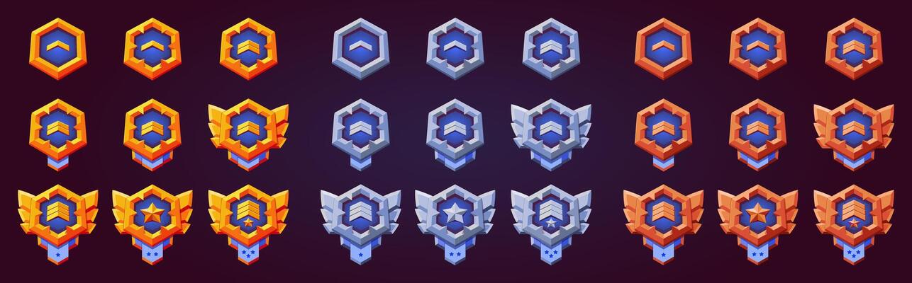 Game level up achievement rank collection. flat metallic gold, silver, bronze emblem for progress and award. Progress insignia, victory, award, conquest. Fantasy, rpg game.