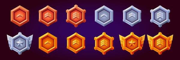Level game rank badges set. 12 Realistic of silver, bronze, gold hexagon with level progress symbol. Realistic flat design. Metallic style. Progress and awards. vector