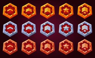 Game level up reward badges set with spykes.Rank reward, victory, success achievement award trophy. flat golden symbol for progress and evolution. Red color. vector