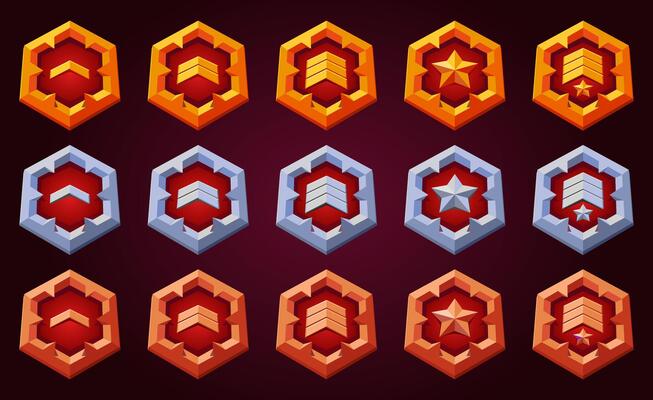 Game level up reward badges set with spykes.Rank reward, victory, success achievement award trophy. flat golden symbol for progress and evolution. Red color.