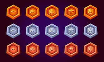 Level game rank badges. Realistic of silver, bronze, gold hexagon with stars, level progress symbol. Flat design. Military metallic style. Assets for evolution. vector