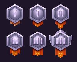 Realistic metallic silver badge. Level game rank frame with ribbon set. High quality , light and shadows. Hexagon interface asset for rpg. Numbers and stars. vector