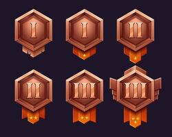 Realistic metallic bronze, cooper badge. Level game rank frame with ribbon set. High quality , light and shadows. Hexagon interface asset for rpg. Numbers and stars. vector
