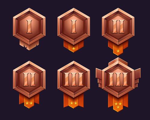Realistic metallic bronze, cooper badge. Level game rank frame with ribbon set. High quality , light and shadows. Hexagon interface asset for rpg. Numbers and stars.