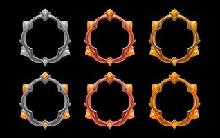 Metallic gold, silver, bronze frame and gemstones set. Rank border badge. Avatar frame rank level ring frame. Metal interface asset for avatar. Empty golden, silver and bronze white reward vector