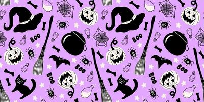 Halloween seamless pattern with witch hat, broom, pumpkin, bat, cat, cauldron, spider, bone, spider web and potion. vector