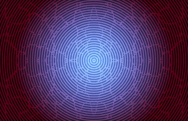 a circular pattern with red and blue lines with fingerprint effect, a black and white image of a spiral pattern, a circular pattern with a red and orange background