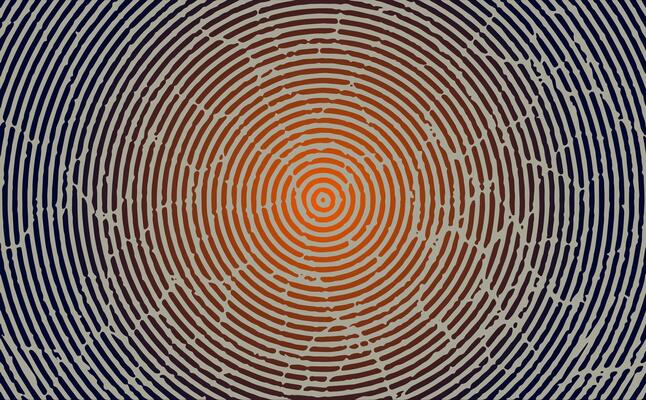 a circular fingerprint effect pattern with a red and orange background,a black and white image of a spiral pattern, a circular pattern with a red and orange background