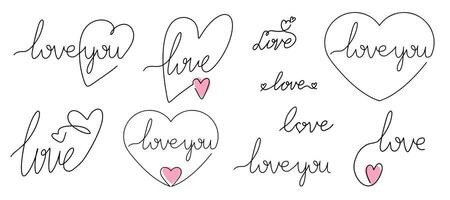 Set of love inscriptions. Continuous one line drawing of heart and love inscription. Valentine's Day concept. Trendy minimalist illustration. vector