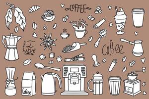 Set of hand drawn coffee designs drinks, snacks and coffee utensils in doodle style. outline of hand drawn vector