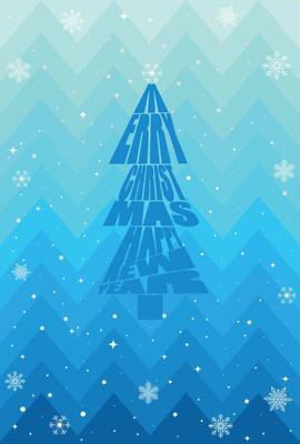 The inscription Merry Christmas and Happy New Year in the form of a Christmas tree. Christmas background with handwritten typography and snowflakes. .