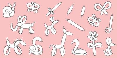 Set of inflatable toys from twisted balloons in doodle style. vector