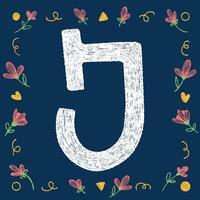 Playful hand-drawn chalk textured uppercase letter J with decorative elements on a blue background, ideal for educational and creative design projects. vector