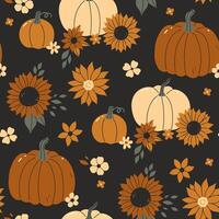 Seamless pattern of autumn flowers and pumpkins on a dark background. graphics. vector