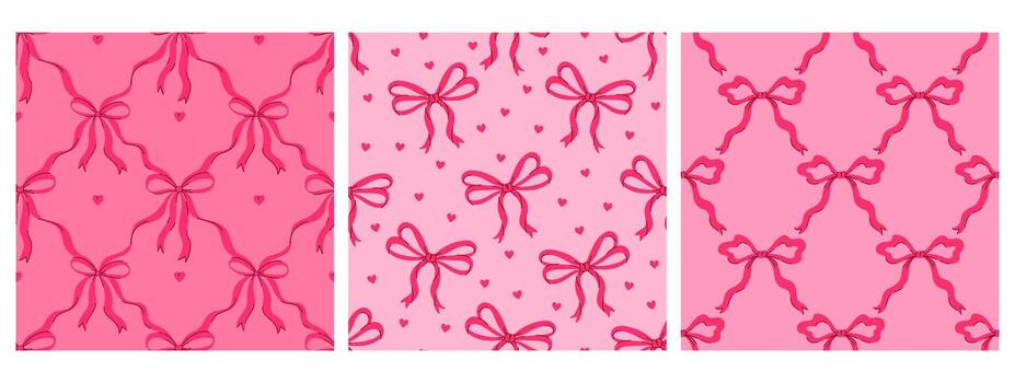 Set of seamless patterns with pink bows. graphics. vector