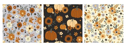 Set of seamless patterns with autumn flowers and pumpkins. graphics. vector