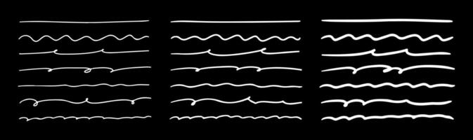 Hand drawn scribble lines. Swift crossed and wavy underlines by pen, pencil, marker. Horizontal strokes different thicknesses on black background vector