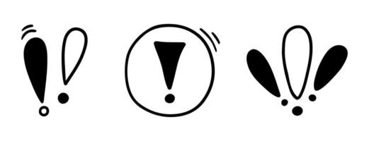 Doodle exclamation mark, notification bell, alert danger information sign set. Scribble hand drawn doodle exclamation point, stop warning sign. vector