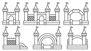 Bouncy castle icons set. Inflatable house trampoline with slide for jumping. Playground outline pictograms for kids zone amusement park and summer party. Inflated elastic equipment vector