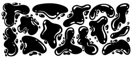 Abstract blob shapes. Organic liquid random wavy forms. Irregular fluid black spots and bubbles. Glossy elements. Trendy drops silhouettes. Modern Y2K swirl amoeba splotch. vector