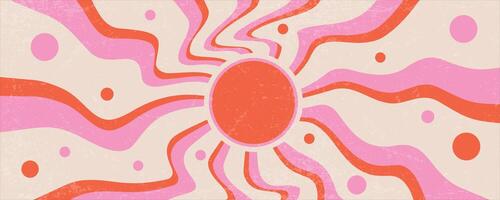 Sunrays retro background. Summer 70s poster. Abstract groovy design with grunge texture. Old paper banner with orange and pink spiral beams on yellow backdrop. vector