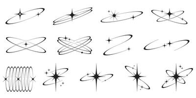 Y2k icons of star shapes Shiny glitter elements. Abstract retro minimal twinkles set with cosmic orbits. Minimal modern futuristic figures isolated on white background. vector