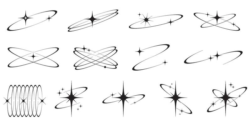 Y2k icons of star shapes Shiny glitter elements. Abstract retro minimal twinkles set with cosmic orbits. Minimal modern futuristic figures isolated on white background.