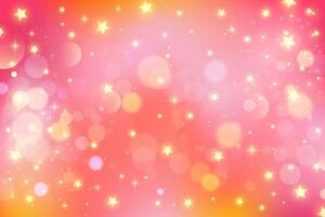 Pink bokeh background with glitter and cute stars. Dreamy golden sky with pastel light and sparkles. Abstract fantasy magic glowing gradient bg. Ivory shiny backdrop for invitation and poster. vector
