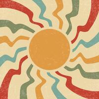 Sunrays retro background. Summer 70s festive poster. Abstract groovy design with grunge texture. Old paper banner with orange spiral beams on yellow color backdrop. vector