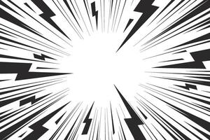 Comic cartoon background with lightning burst effect. Manga graphic with flash and abstract thunder. Energy explosion frame with electric light. Radial perspective monochrome beams vector