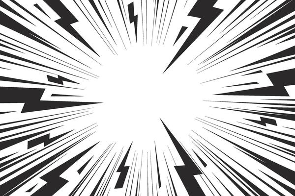 Comic cartoon background with lightning burst effect. Manga graphic with flash and abstract thunder. Energy explosion frame with electric light. Radial perspective monochrome beams