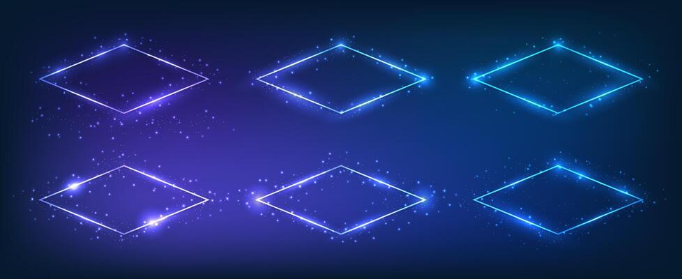Set of six neon frames with shining effects