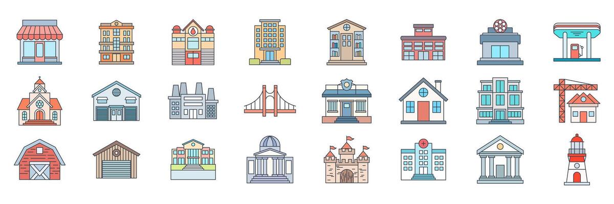Building icons set, Included icons as Apartment, Mall, Warehouse, Lighthouse and more symbols collection, logo isolated illustration