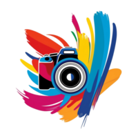 creative design that combines a camera with colorful brush strokes png