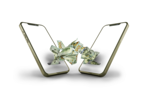 Sending and receiving US dollar notes from one mobile phone to another. Online money transfer concept. money coming out of phone isolated on transparent background. mockaup templated. 3d rendering png